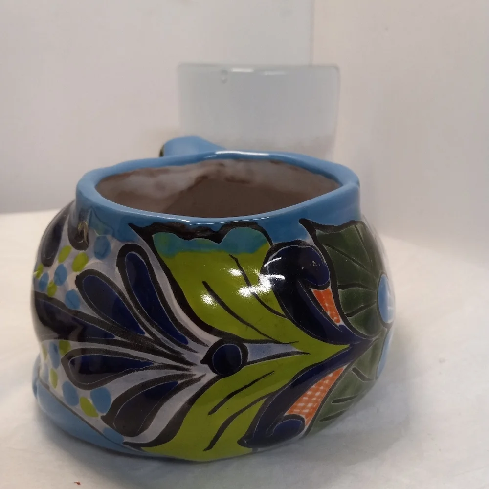 MENDEZ Planter Resting Curled Cat Figurine Ceramic Pottery Blue & Green